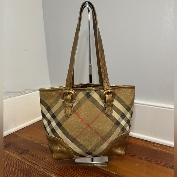 Burberry Shimmer Gold Canvas Leather Byron Nova Check Small Shoulder Tote Bag - Picture 2 of 15